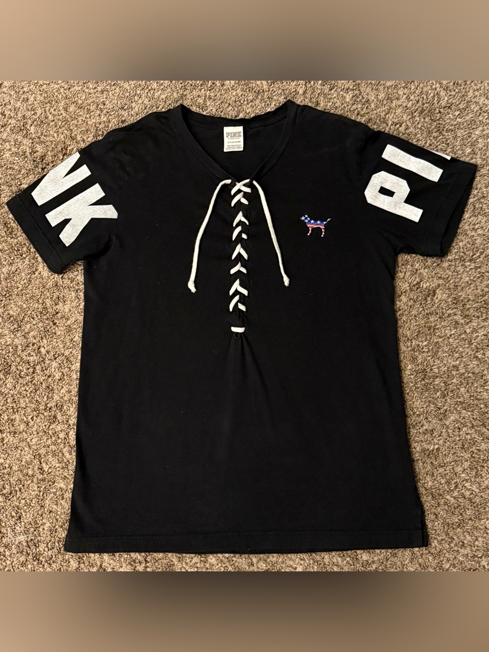 PINK Victoria's Secret Black Lace-Up V-Neck Tee with White Sleeve Logo